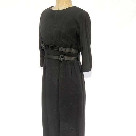 Vintage 50's 60's Black Crepe Cocktail Party Dress Ribbon Rosettes SM by Pavelle - Picture 6 of 10